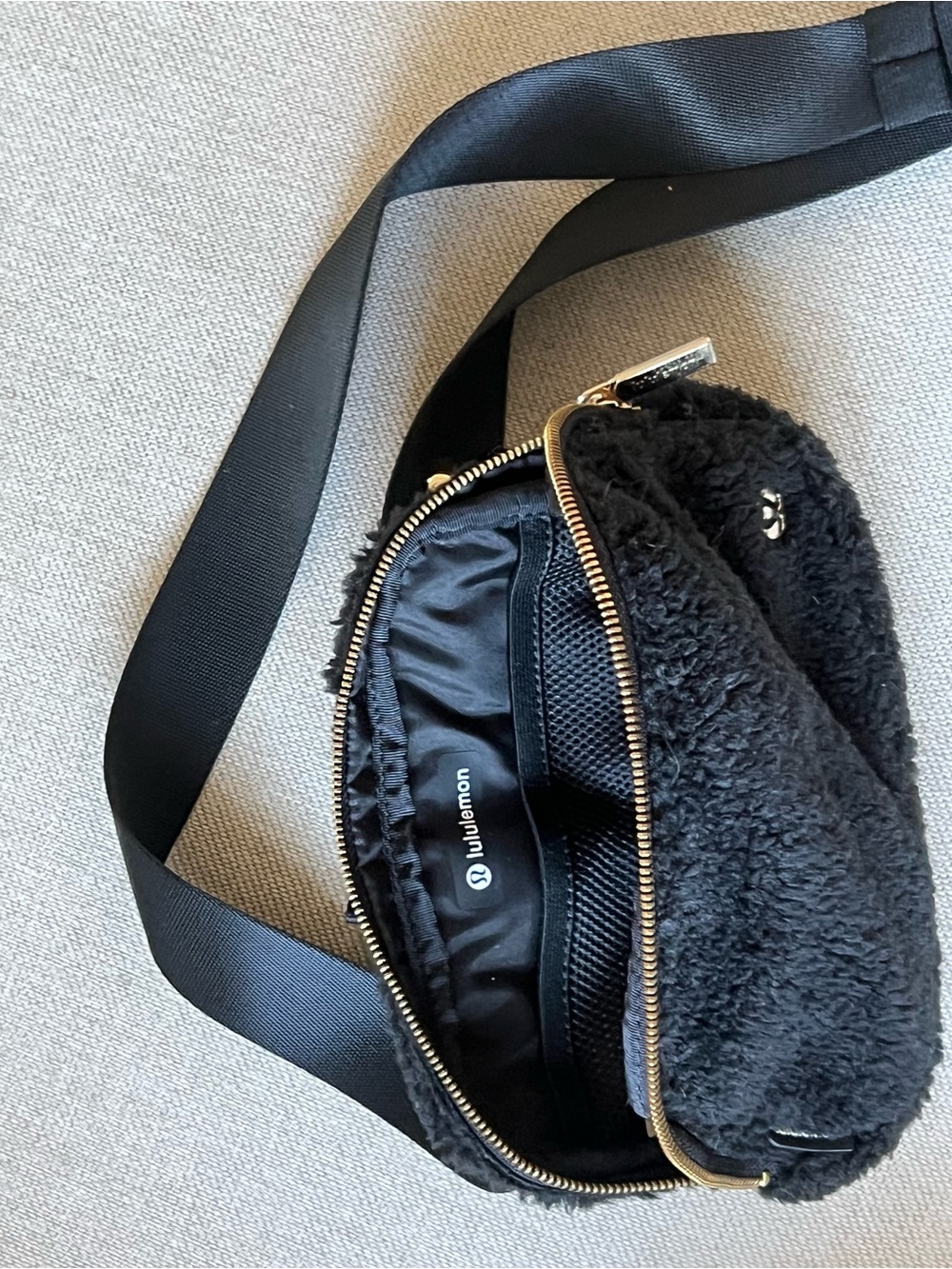 lululemon athletica Black Sherpa Crossbody Belt Bag with gold hardware